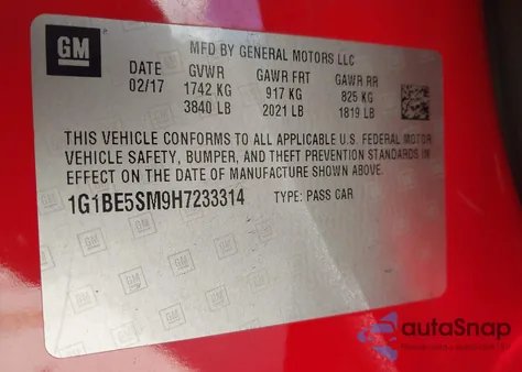 2017 Chevrolet Cruze Lt Auto from USA, damaged, VIN 1G1BE5SM9H7233314